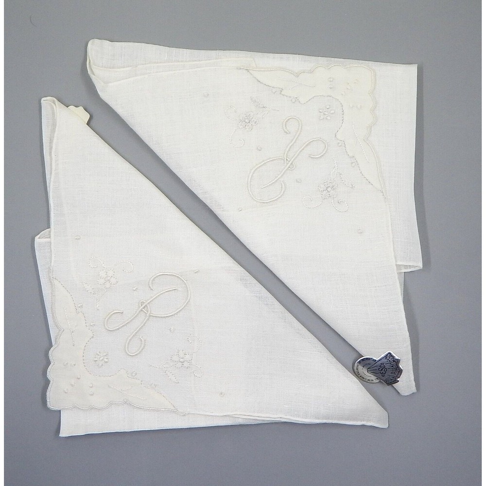 Desco Irish Linen Handkerchief Bridal Hanky Made in Madeira Monogram R Set of 2